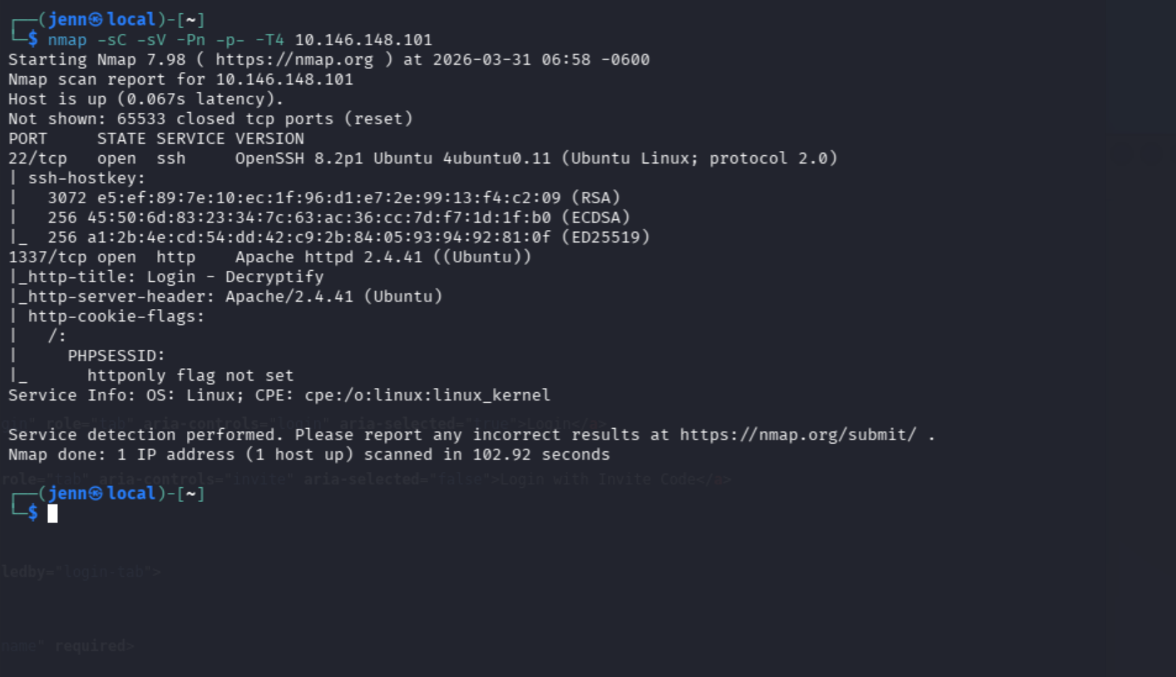Initial Nmap scan showing ports 22 and 1337
